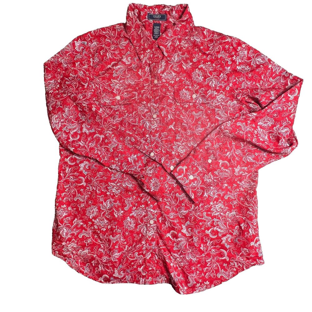 Chaps Denim Womens Shirt Cotton Button Front Red Western Floral Print XL